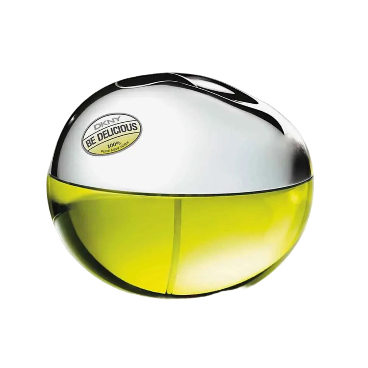 Refect Beauty DKNY Be Delicious apple-shaped perfume bottle with a metallic silver top and green glass base.