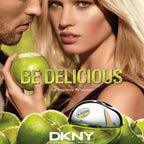 Refect Beauty DKNY Be Delicious perfume bottle with green apple imagery and a woman in a vibrant fragrance campaign