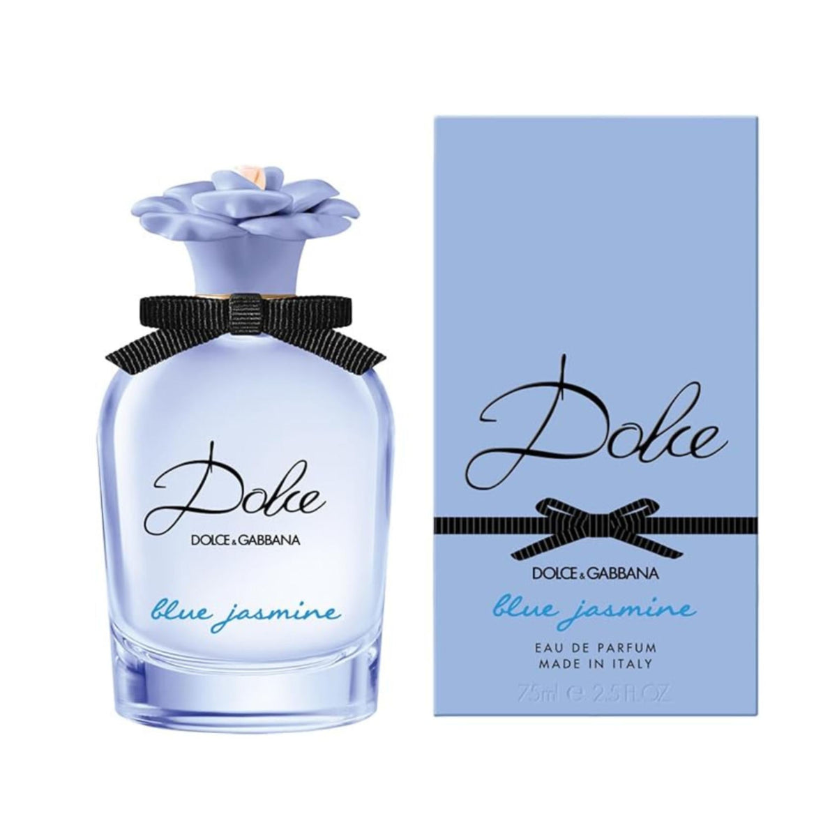 Refect Beauty Dolce & Gabbana Dolce Blue Jasmine perfume bottle with a flower cap and matching blue box packaging.