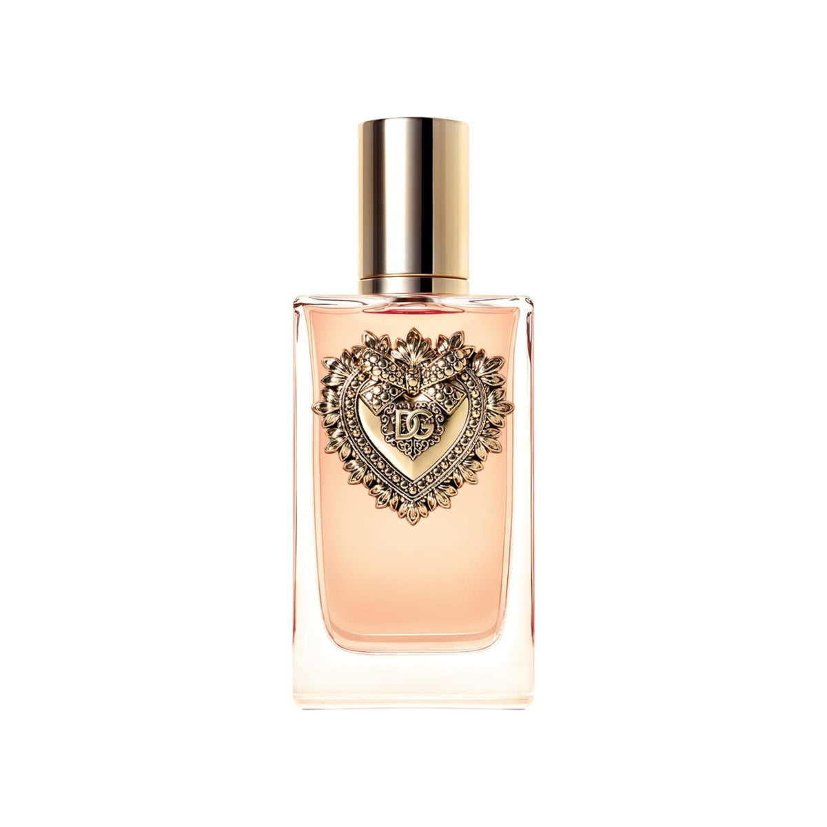 Refect Beauty Dolce & Gabbana Devotion perfume bottle with gold heart emblem and amber liquid on white background