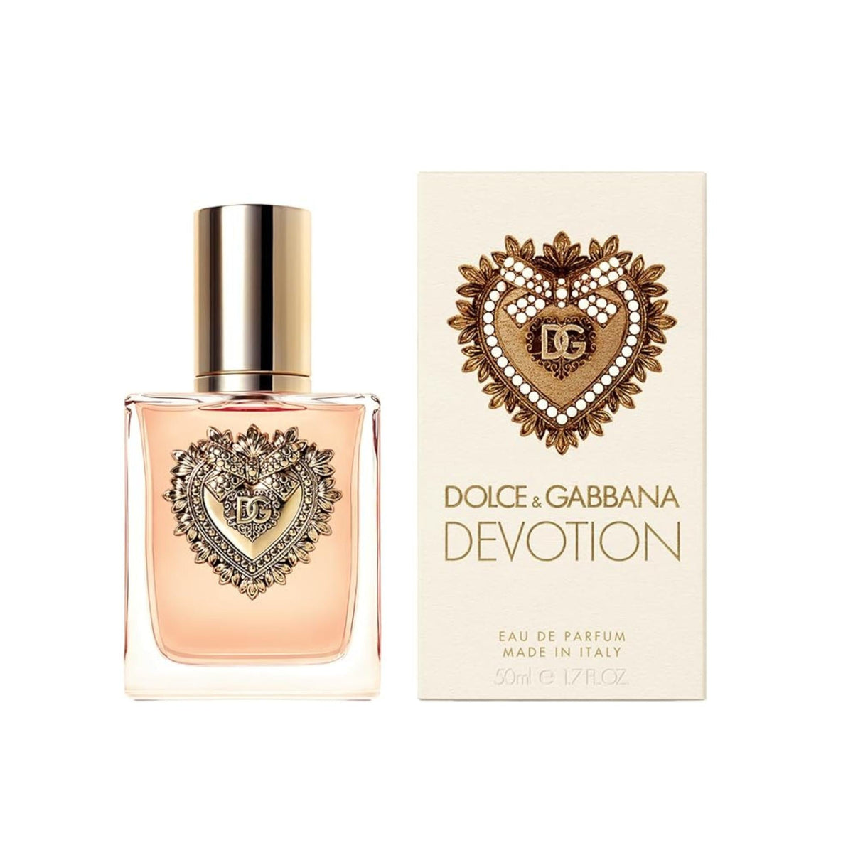 Refect Beauty Dolce & Gabbana Devotion Eau de Parfum bottle and box with gold sacred heart emblem