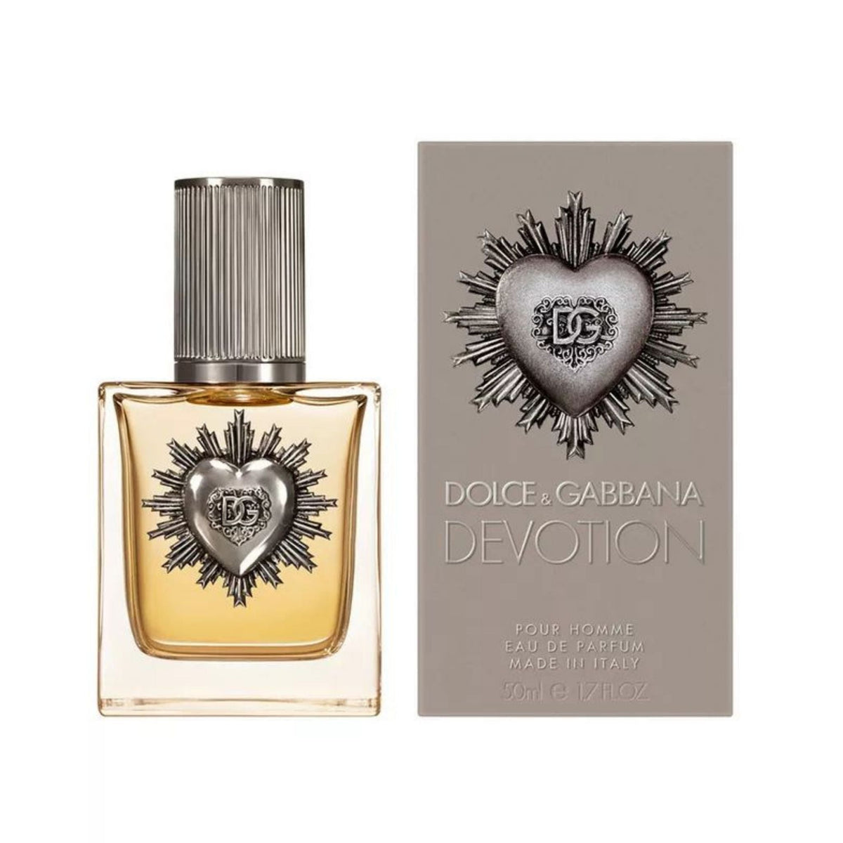Refect Beauty Dolce & Gabbana Devotion Pour Homme Eau de Parfum bottle and grey box with signature sacred heart emblem