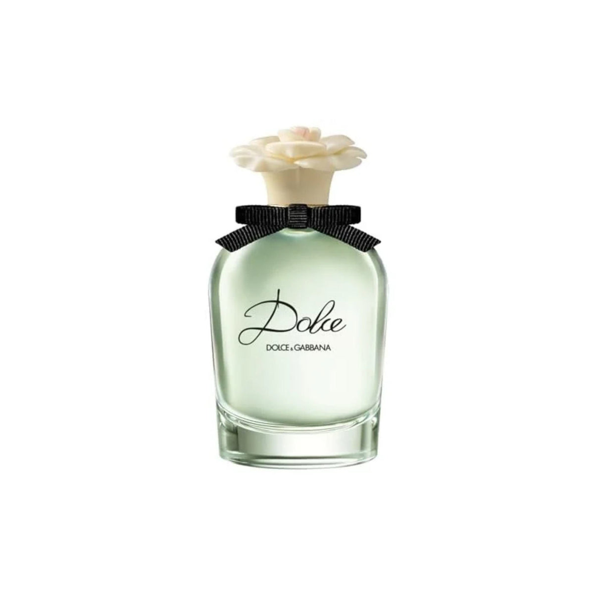 Refect Beauty Dolce & Gabbana Dolce Eau de Parfum in a clear glass bottle with a white floral cap and black ribbon.