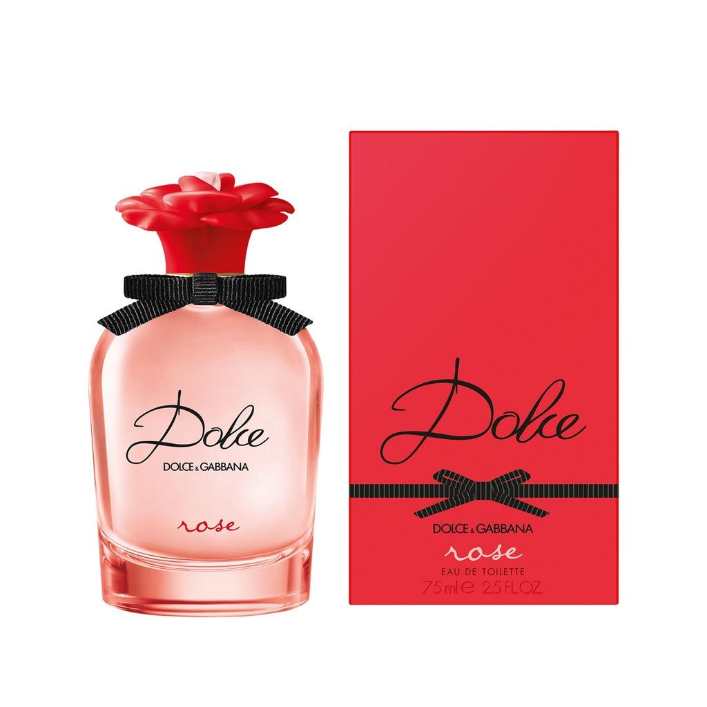 Refect Beauty Dolce & Gabbana Dolce Rose Eau de Toilette perfume bottle with a red rose cap and matching gift box.