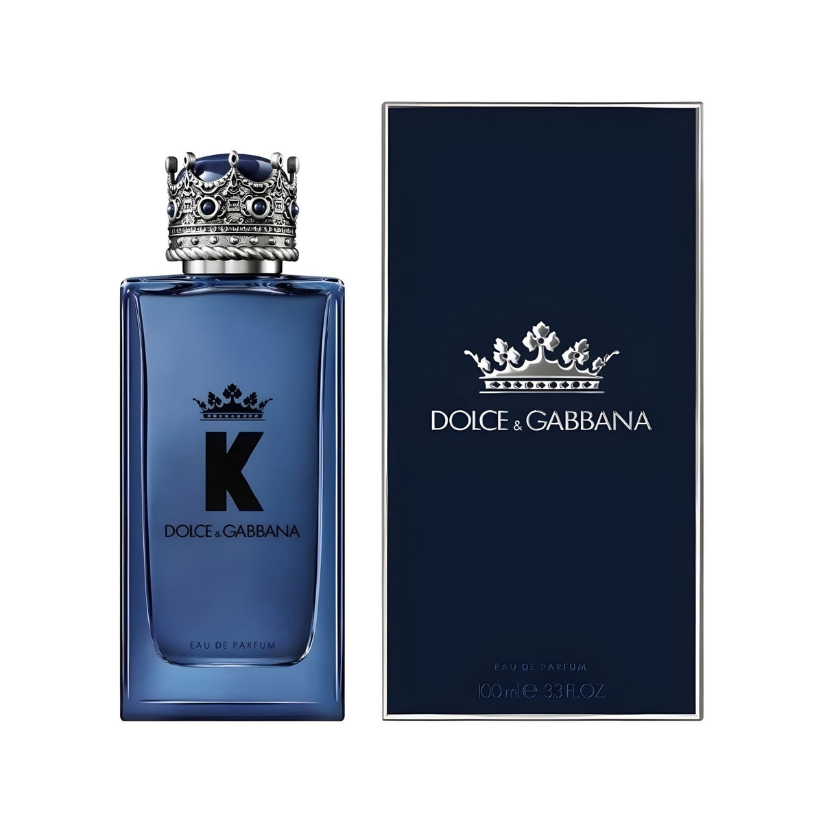 Refect Beauty Dolce & Gabbana K Eau de Parfum bottle with crown cap next to its dark blue product packaging box