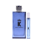 Refect Beauty Dolce & Gabbana K Pour Homme gift set featuring a large blue glass bottle and a matching travel spray.