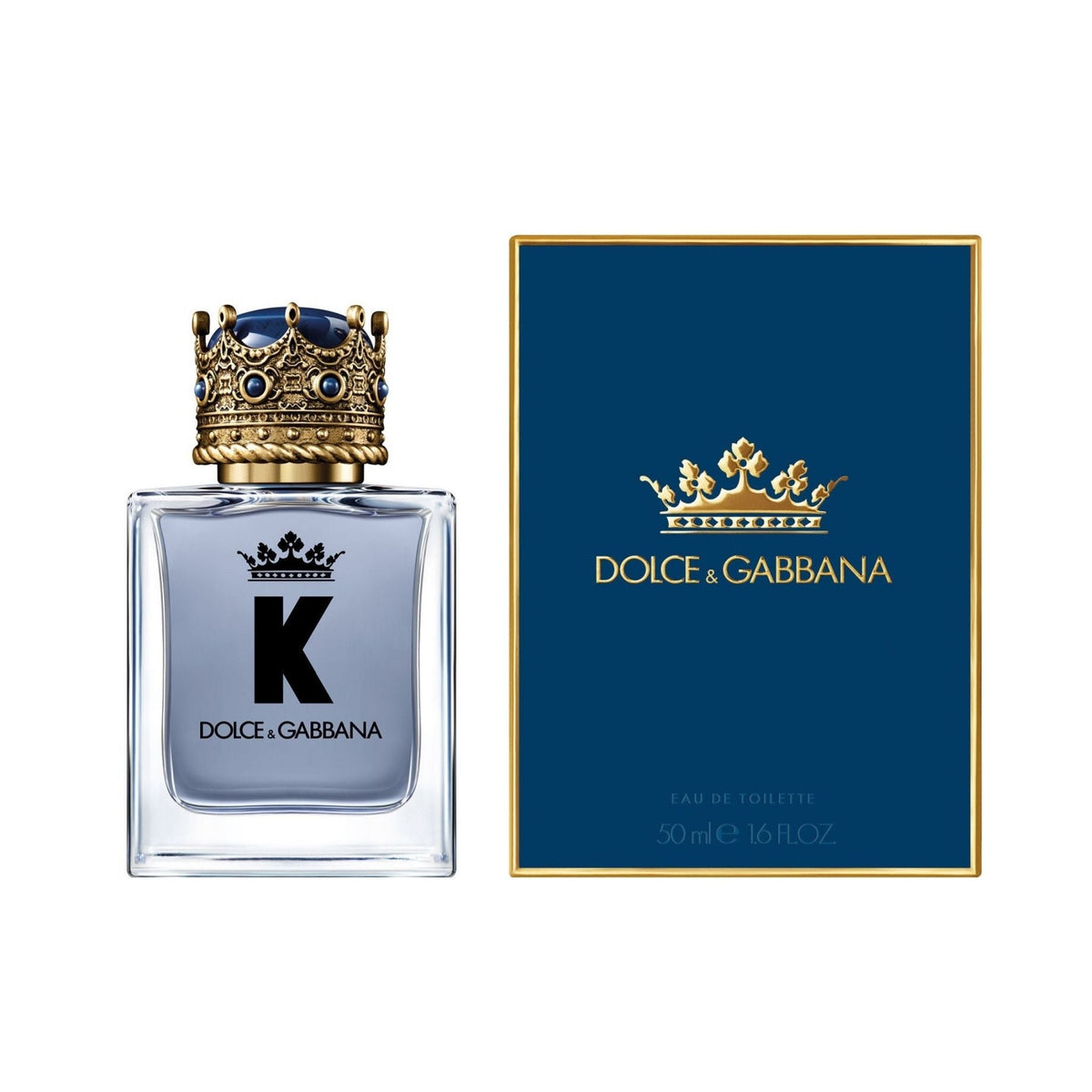 Refect Beauty Dolce & Gabbana K Eau de Toilette bottle with a crown cap next to its blue and gold branded box.
