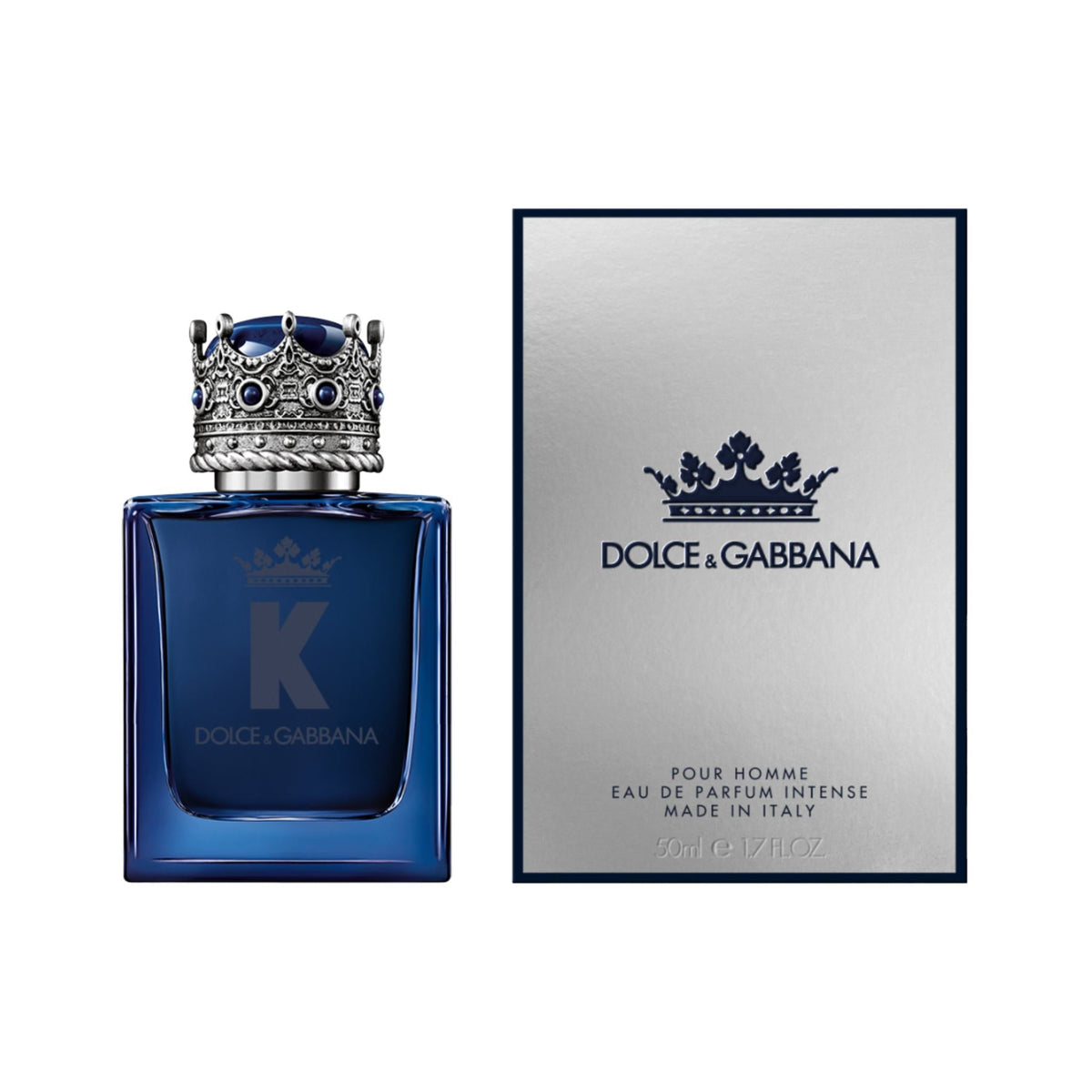 Refect Beauty Dolce & Gabbana K Eau de Parfum Intense bottle with crown cap next to its silver product box.