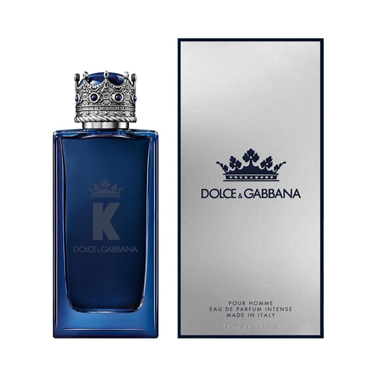 Refect Beauty Dolce & Gabbana K Eau de Parfum Intense in a deep blue glass bottle with a crown-shaped cap and box.