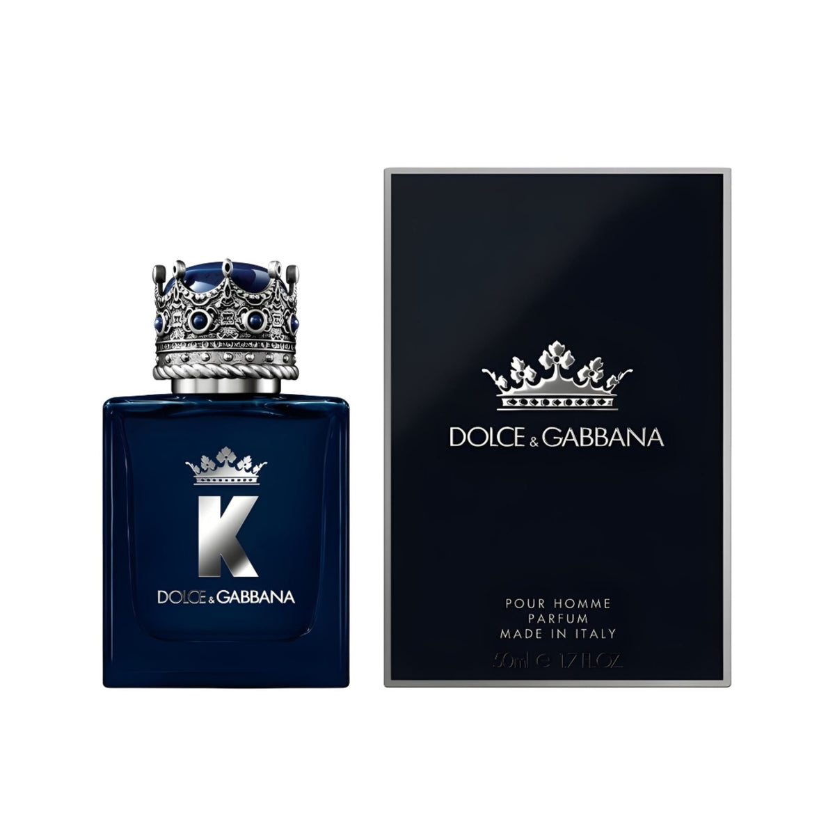 Refect Beauty Dolce & Gabbana K Parfum bottle with crown cap and matching dark blue box packaging
