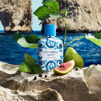 Refect Beauty Dolce & Gabbana Light Blue Capri In Love fragrance bottle with fresh figs on a Mediterranean rock