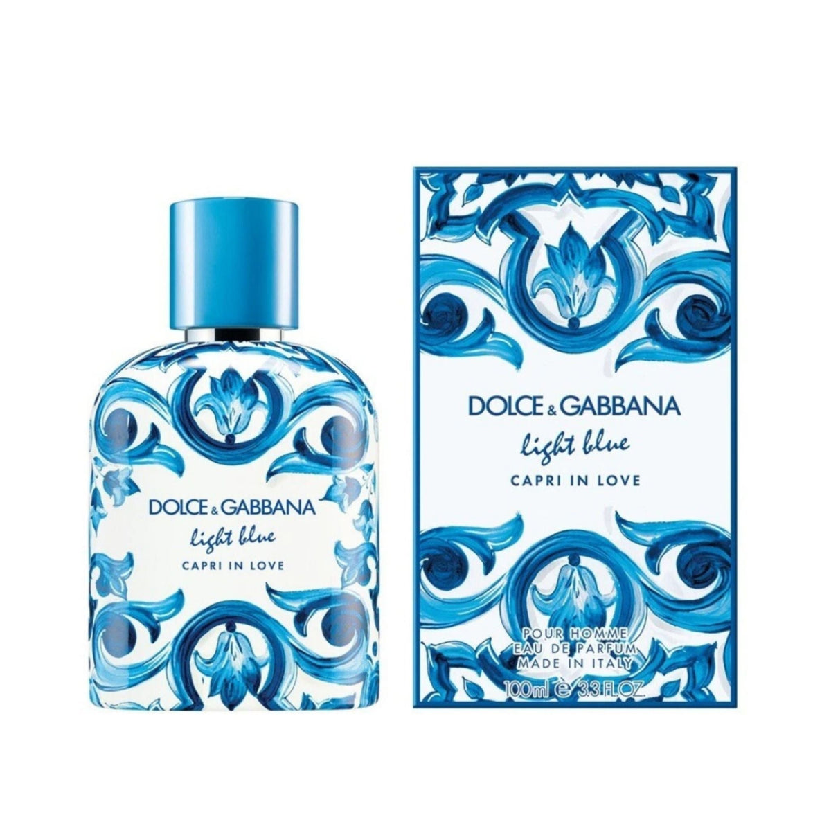 Refect Beauty Dolce & Gabbana Light Blue Capri In Love men's eau de parfum bottle and box with blue Mediterranean print