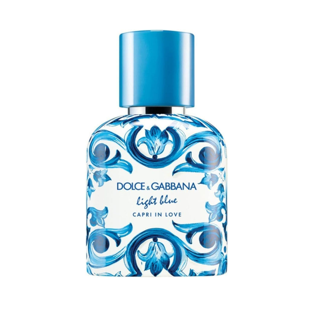 Refect Beauty Dolce & Gabbana Light Blue Capri In Love men's perfume bottle with blue Mediterranean floral pattern