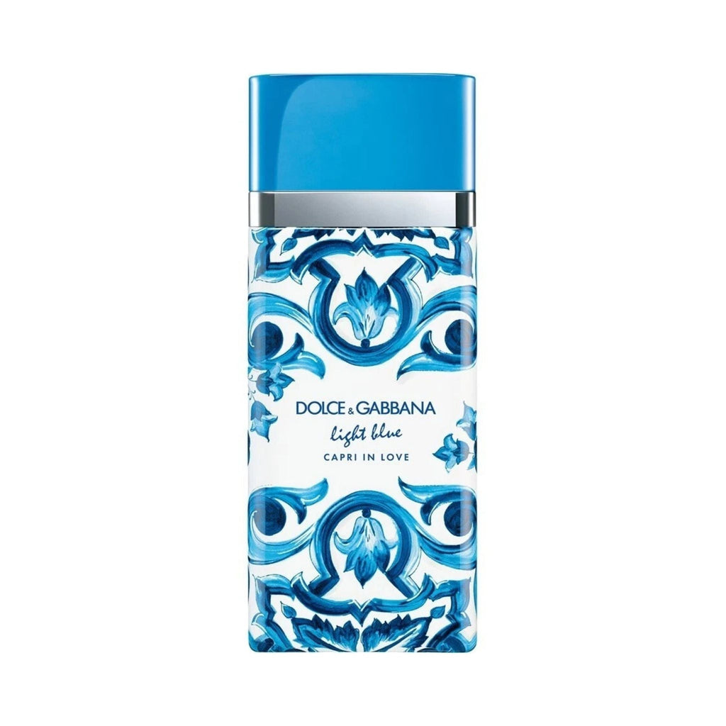Refect Beauty Dolce & Gabbana Light Blue Capri In Love perfume bottle with blue and white Mediterranean tile pattern