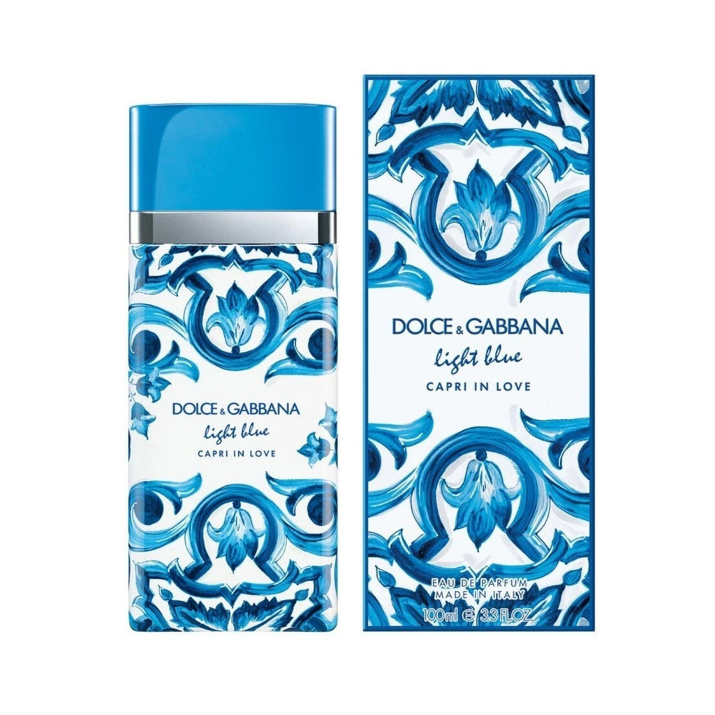 Refect Beauty Dolce & Gabbana Light Blue Capri In Love perfume bottle and box with blue Mediterranean floral pattern.