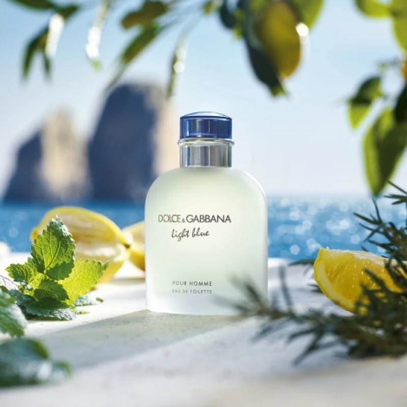 Refect Beauty Dolce & Gabbana Light Blue eau de toilette bottle with citrus and Mediterranean sea background