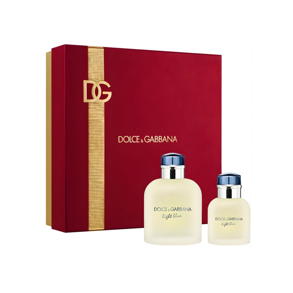 Refect Beauty Dolce & Gabbana Light Blue Pour Homme fragrance gift set with two glass bottles and a red gift box.