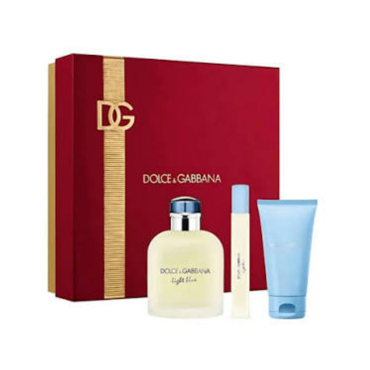 Refect Beauty Dolce & Gabbana Light Blue Pour Homme gift set featuring fragrance bottle, travel spray, and shower gel.