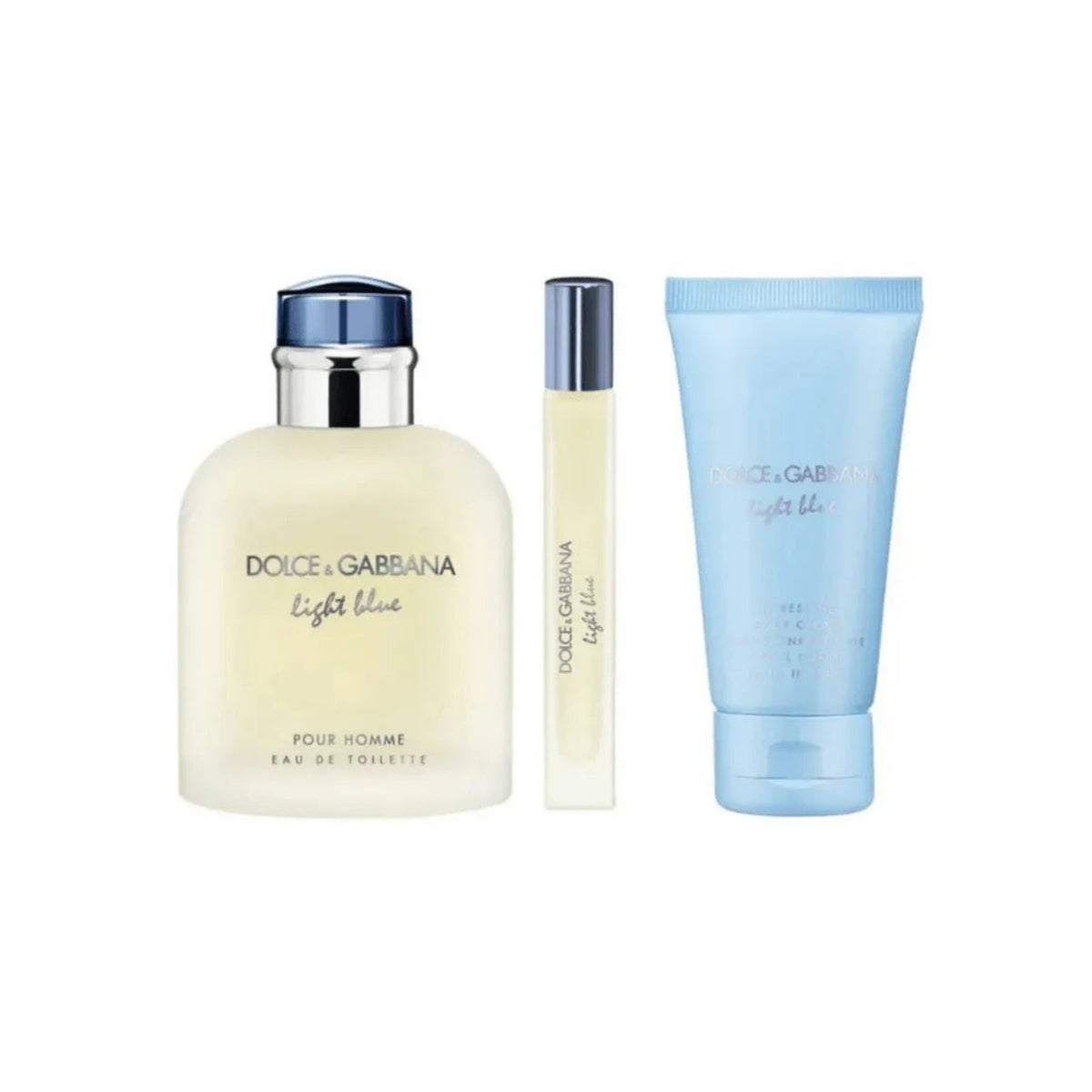 Refect Beauty Dolce & Gabbana Light Blue Pour Homme gift set with fragrance bottle, travel spray, and shower gel.