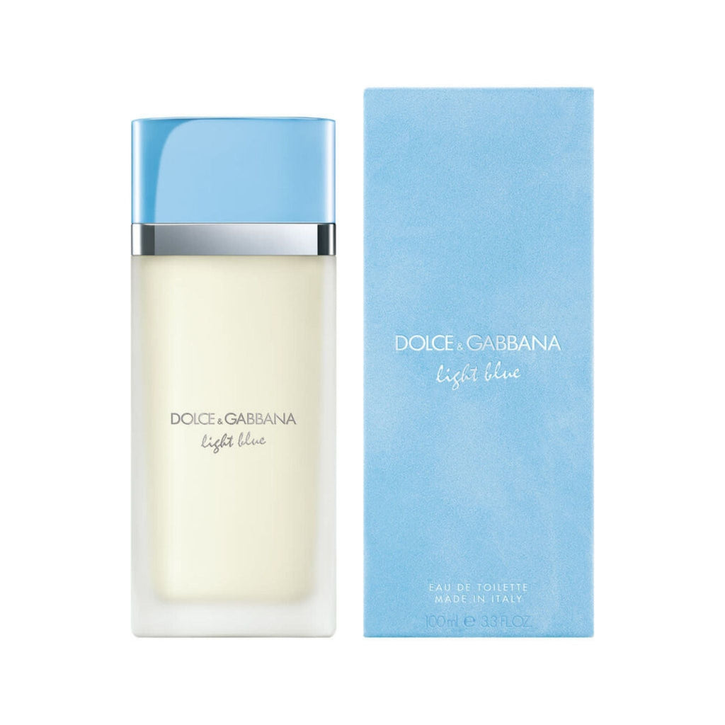 Refect Beauty Dolce & Gabbana Light Blue Eau de Toilette perfume bottle and box with a light blue cap and citrus scent.