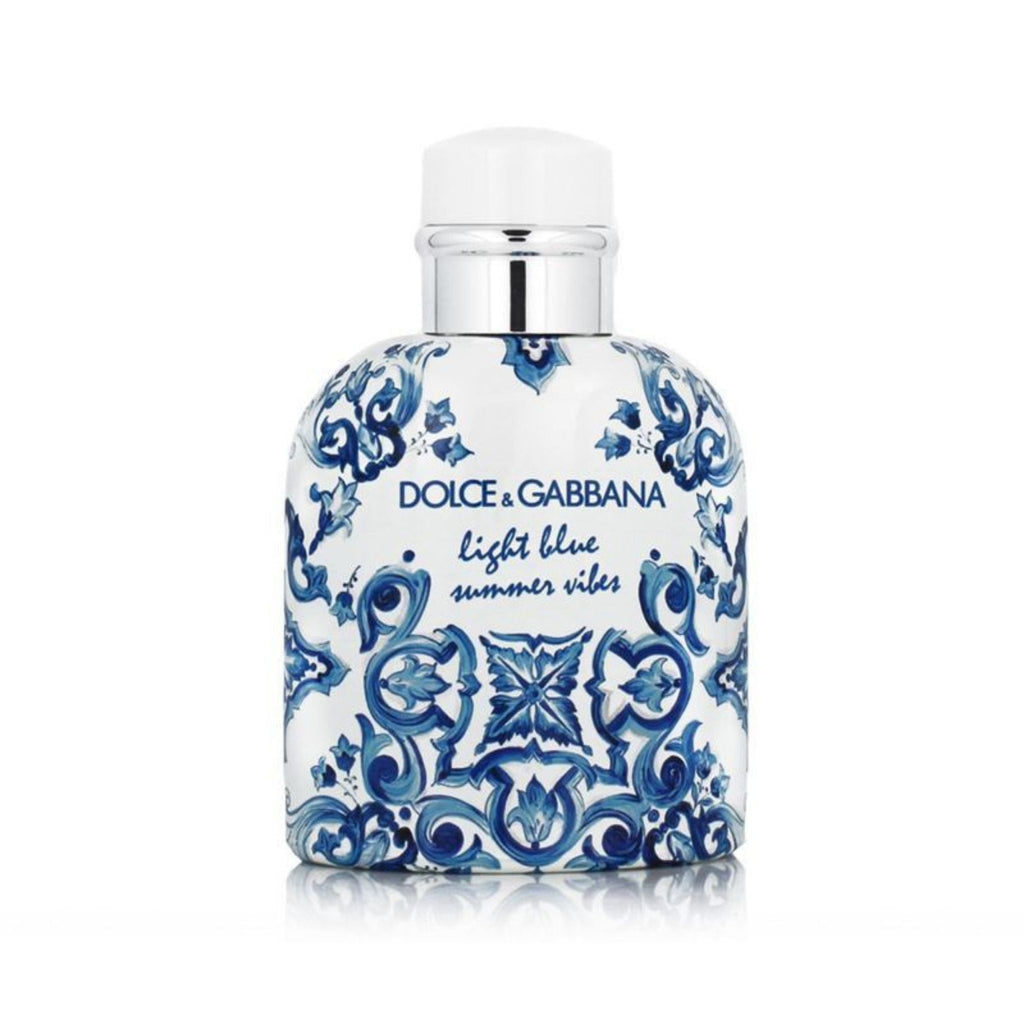 Refect Beauty Dolce & Gabbana Light Blue Summer Vibes eau de toilette in a white bottle with blue Mediterranean print