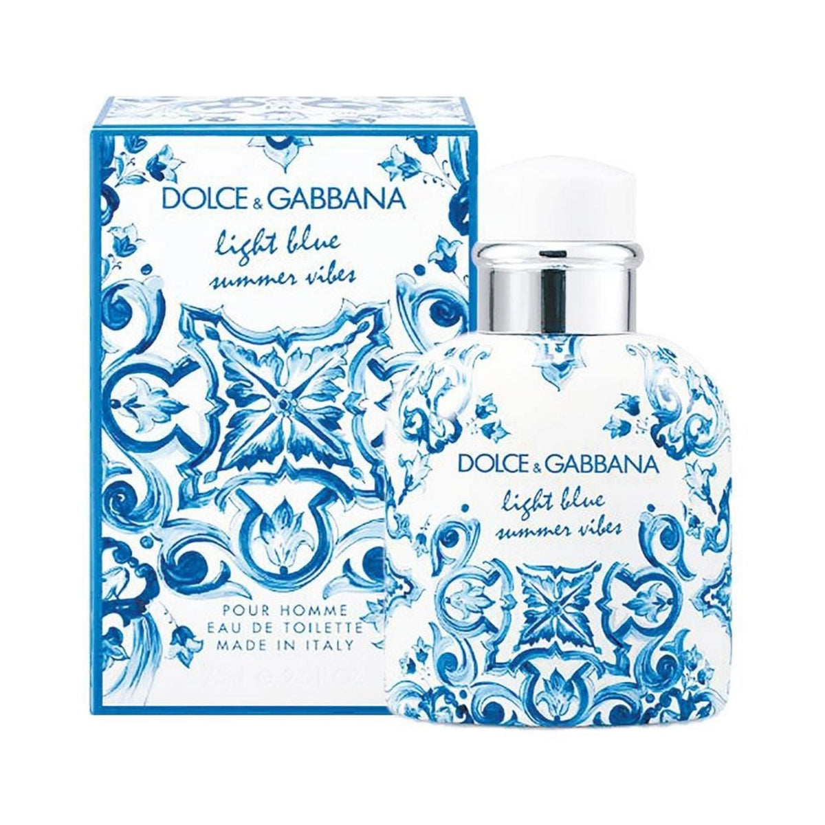 Refect Beauty Dolce & Gabbana Light Blue Summer Vibes eau de toilette bottle with blue and white Mediterranean pattern