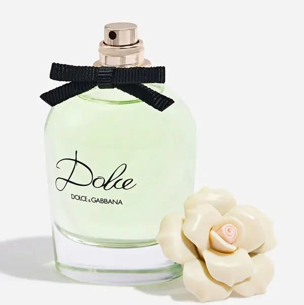 Refect Beauty Dolce & Gabbana Dolce Eau de Parfum in a glass bottle with a black bow and white floral cap