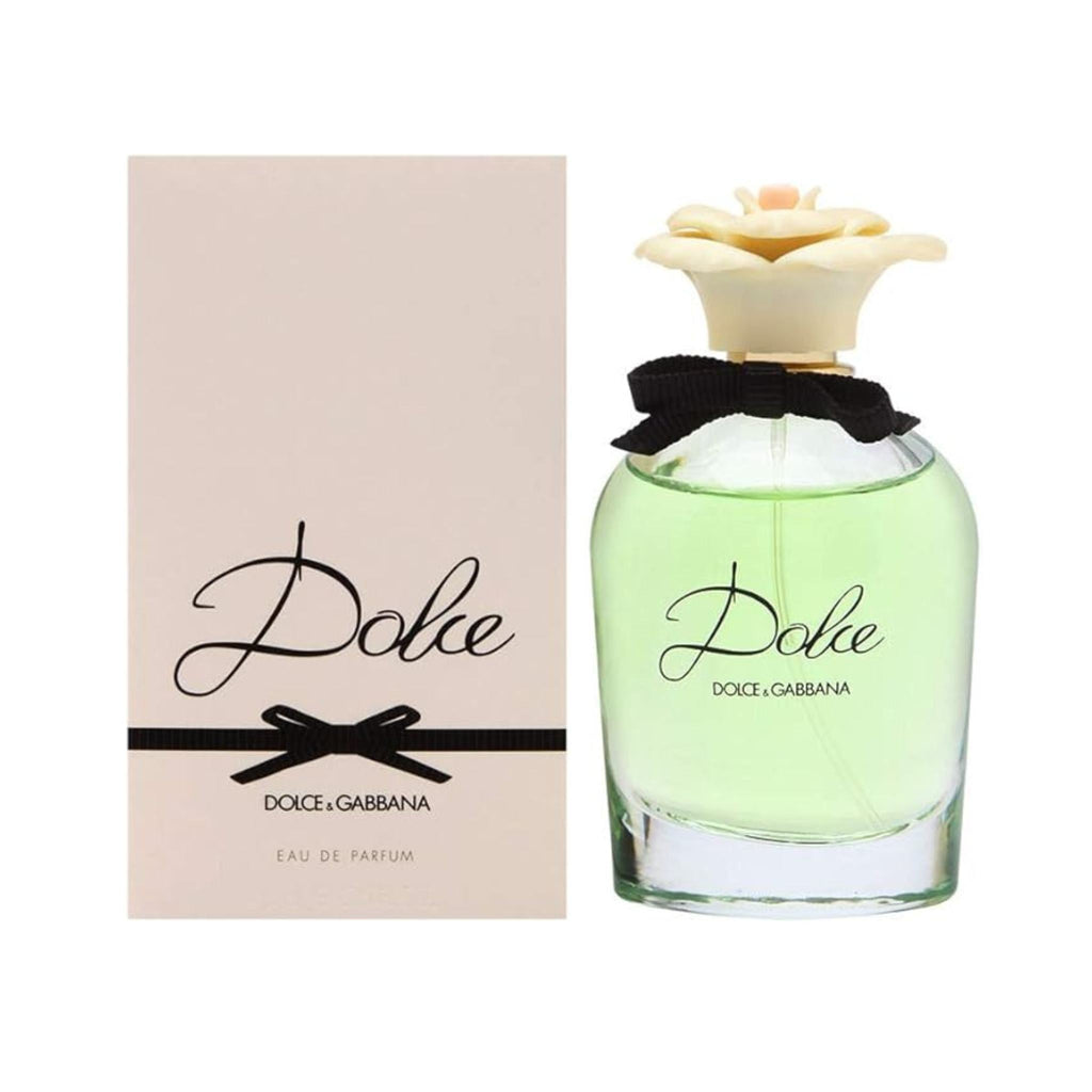 Refect Beauty Dolce & Gabbana Dolce Eau de Parfum bottle with floral cap and box, a fresh white floral fragrance.