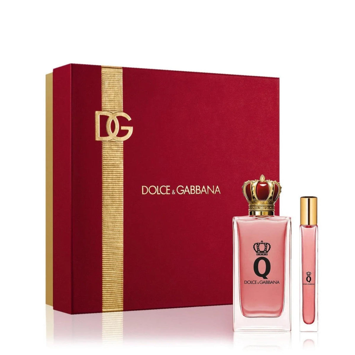 Refect Beauty Dolce & Gabbana Q Eau de Parfum gift set with full-size bottle, travel spray, and red presentation box.