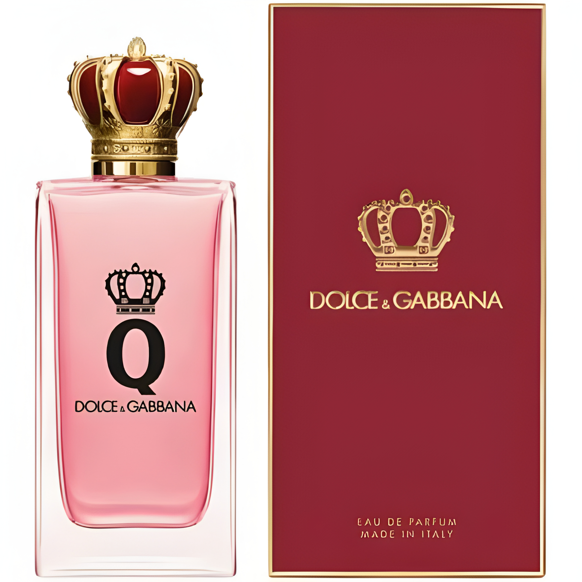 Refect Beauty Dolce & Gabbana Q Eau de Parfum bottle with crown cap next to its red branded box