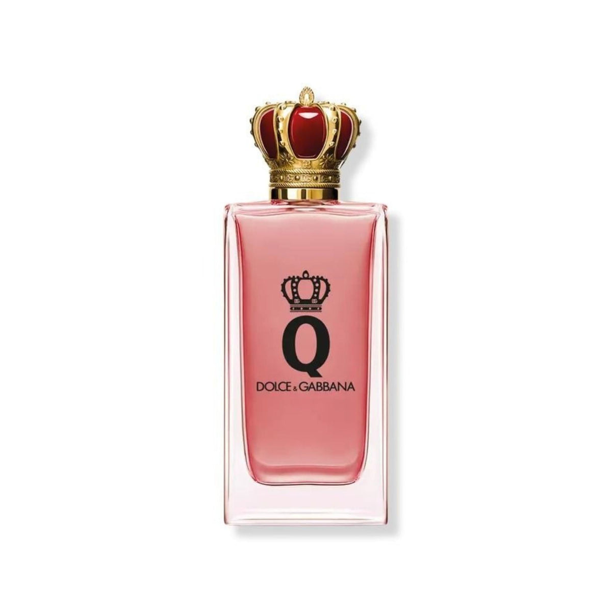 Refect Beauty Dolce & Gabbana Q Eau de Parfum in a rectangular glass bottle with a crown-shaped red and gold cap.