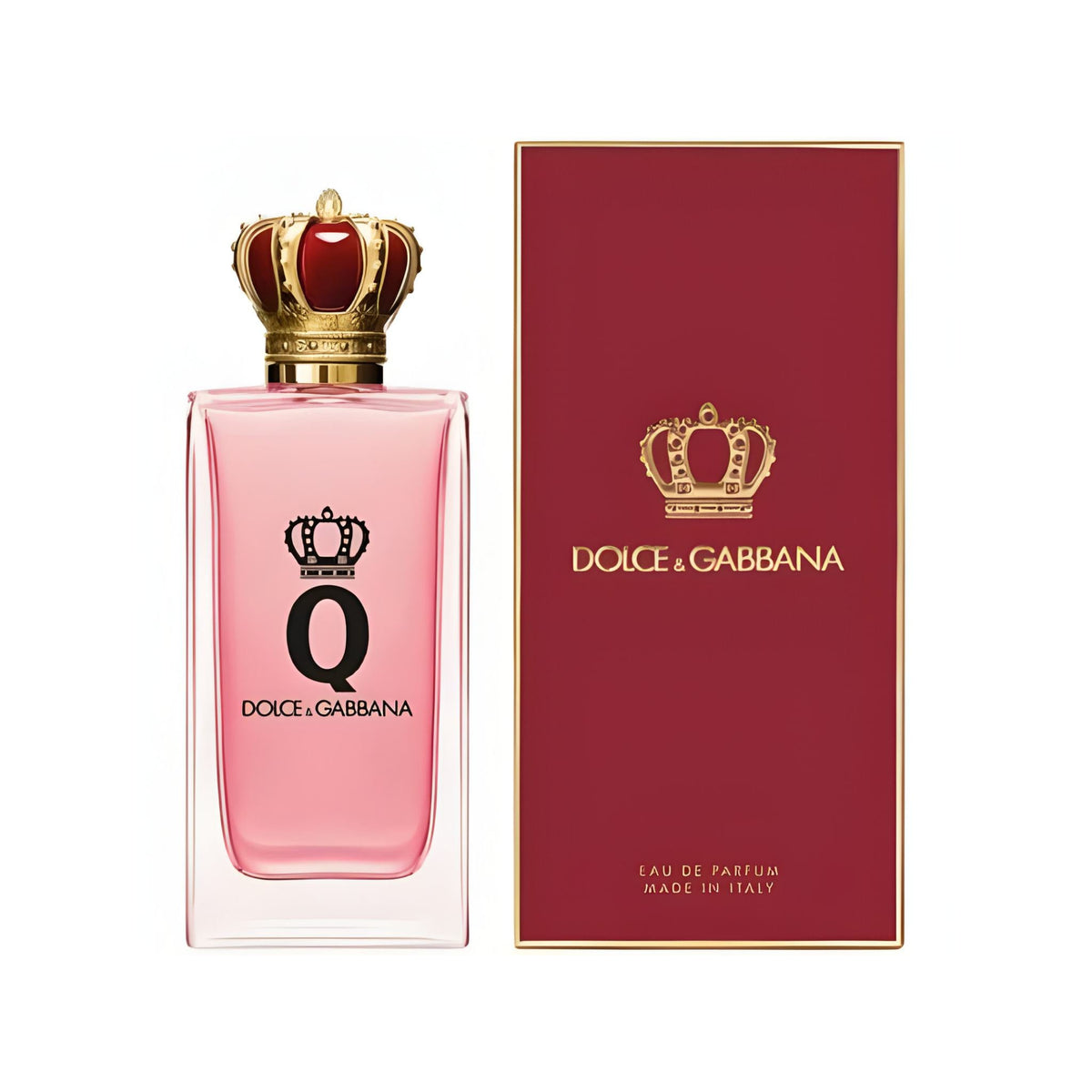 Refect Beauty Dolce & Gabbana Q Eau de Parfum bottle with a gold crown cap next to its red branded presentation box.