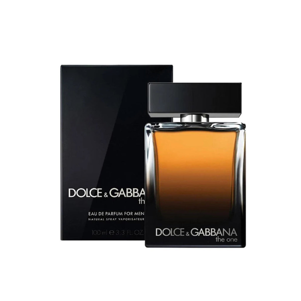 Refect Beauty Dolce & Gabbana The One Pour Homme Eau de Parfum bottle with black box, amber glass, and black cap.