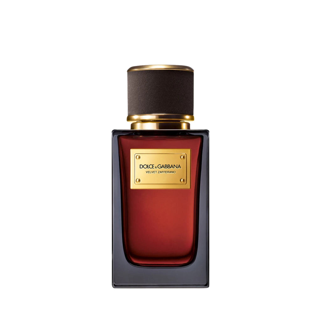 Refect Beauty Dolce & Gabbana Velvet Zafferano Eau de Parfum in a deep red glass bottle with a dark velvet cap.