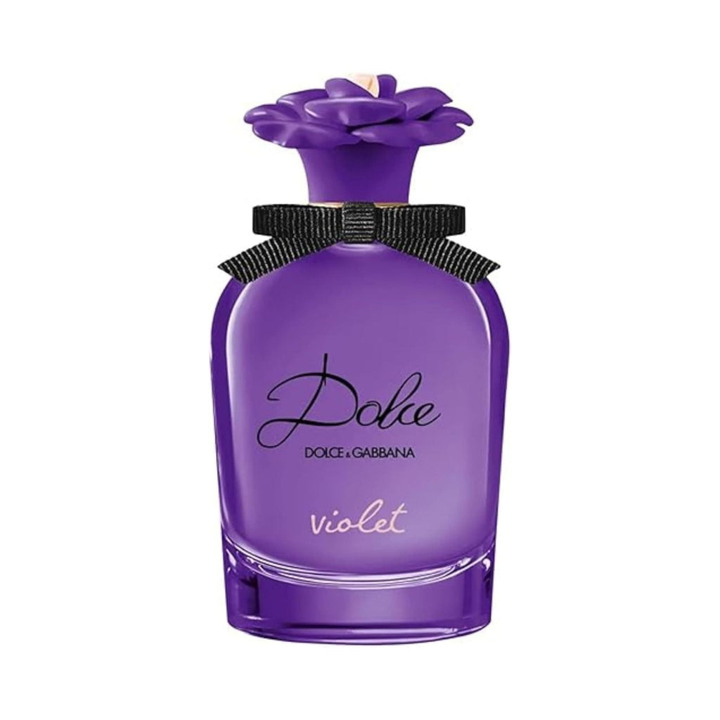 Refect Beauty Dolce & Gabbana Dolce Violet perfume bottle with a purple flower cap and black ribbon detail