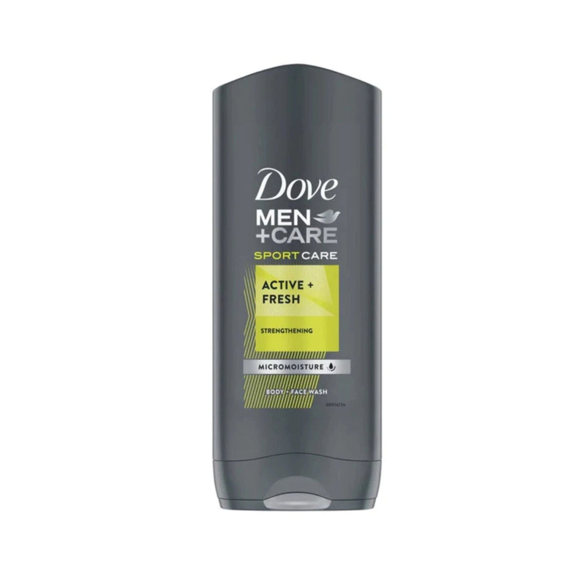 Refect Beauty Dove Men+Care Active Fresh shower gel bottle with a grey container and lime green accent label.