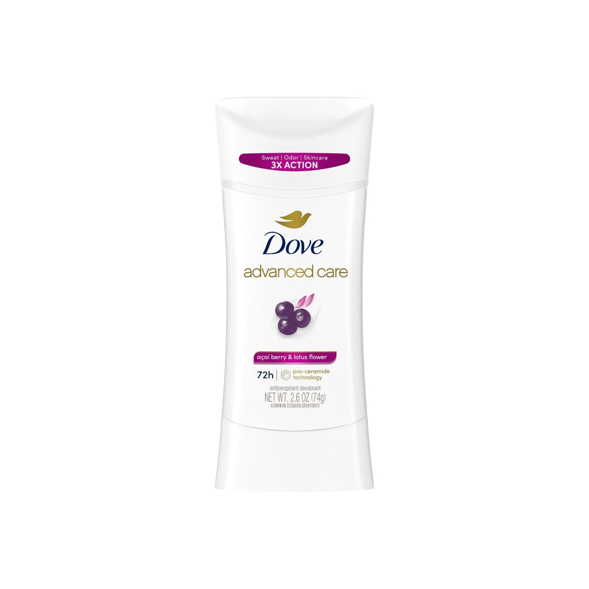 Refect Beauty Dove Advanced Care antiperspirant stick with ice berry and lotus flower scent in white packaging.