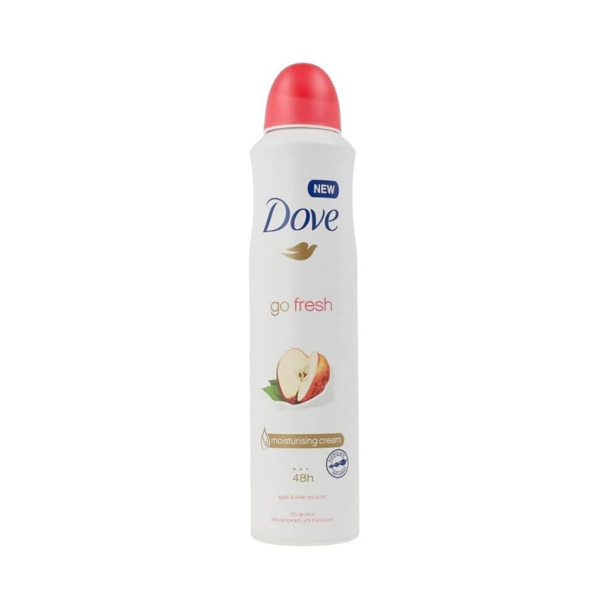 Refect Beauty Dove Go Fresh Apple and White Tea antiperspirant deodorant spray in a white aerosol can with red cap.