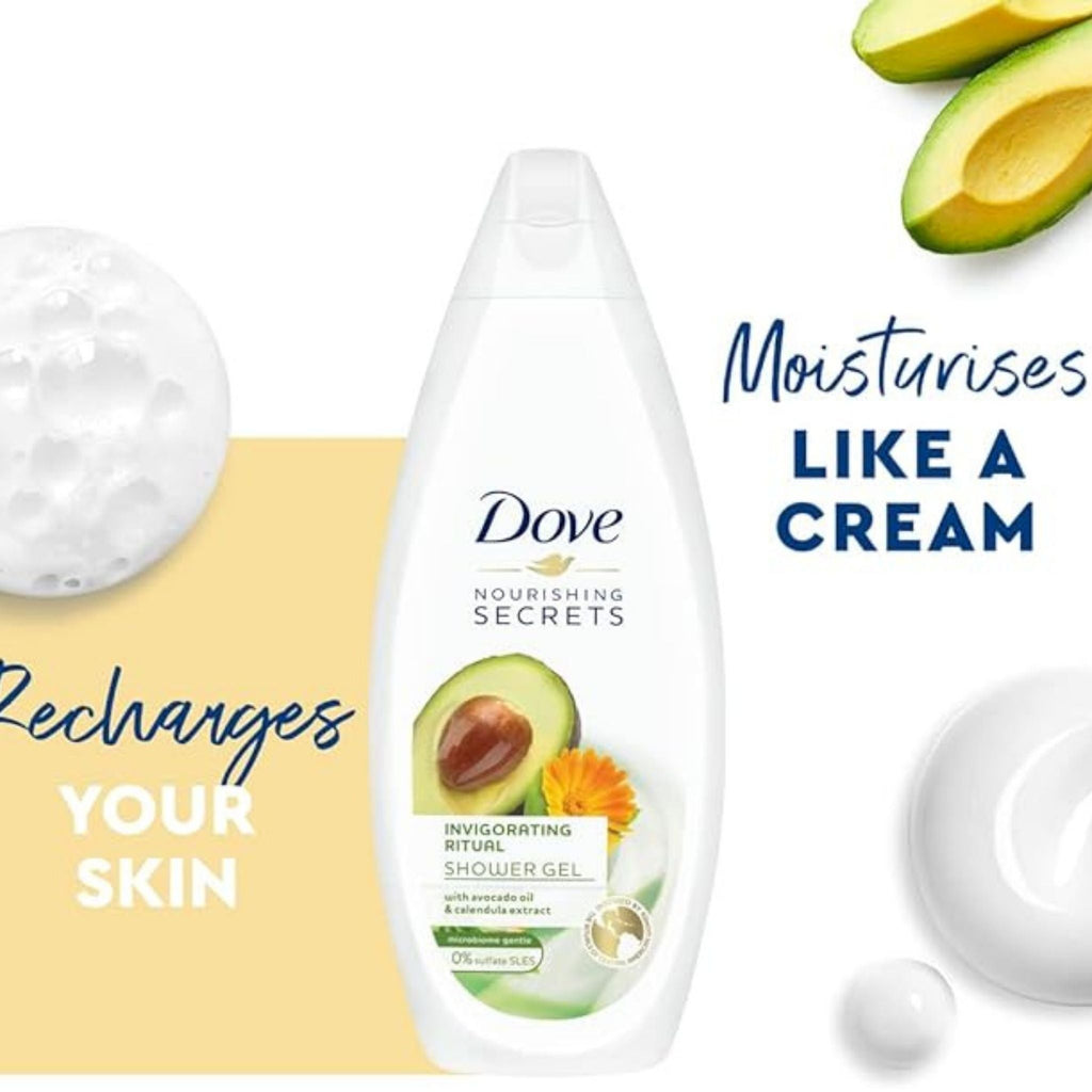 Refect Beauty Dove Nourishing Secrets body wash with avocado oil and calendula extract for hydrated, soft skin.