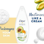 Refect Beauty Dove Nourishing Secrets body wash with avocado oil and calendula extract for hydrated, soft skin.