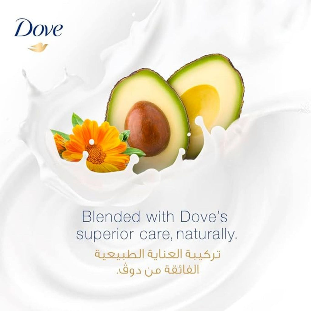 Refect Beauty Dove body wash featuring fresh avocado and calendula flower in a creamy white splash