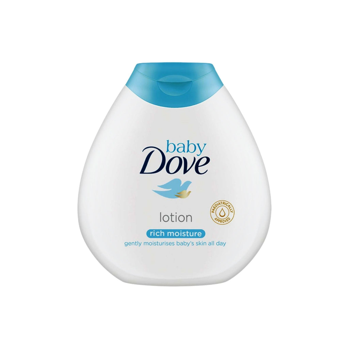 Refect Beauty Dove Baby Rich Moisture Lotion in a white bottle with a blue cap for gentle baby skin hydration.