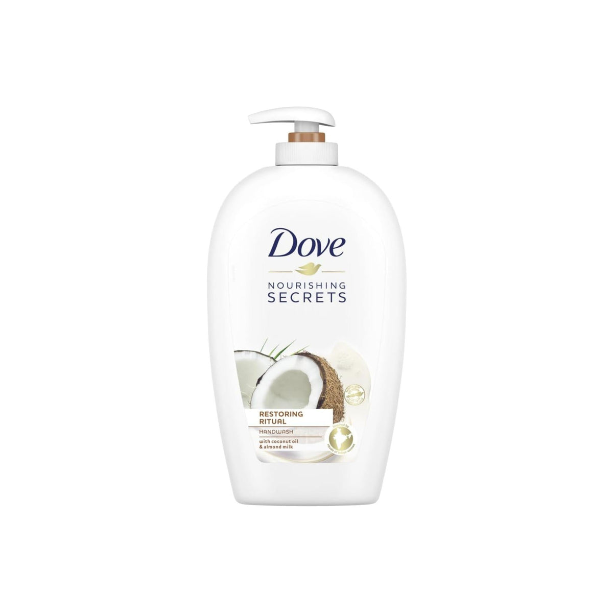 Refect Beauty Dove Nourishing Secrets Coconut Oil and Almond Milk handwash in a white pump bottle with coconut imagery.