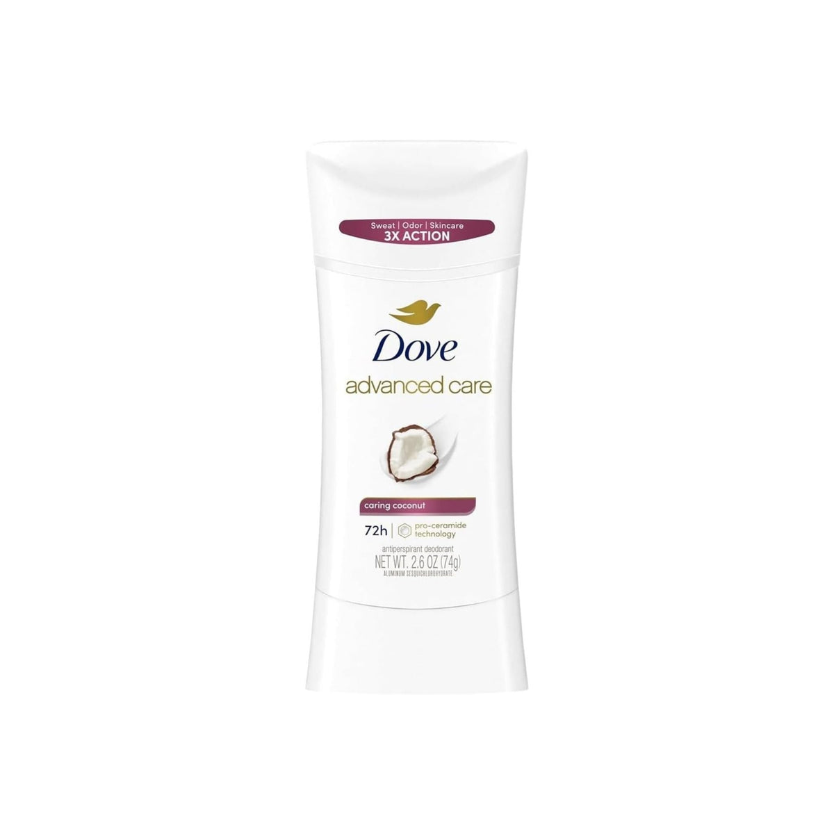 Refect Beauty Dove Advanced Care coconut scented antiperspirant deodorant stick for 72-hour sweat and odor protection.