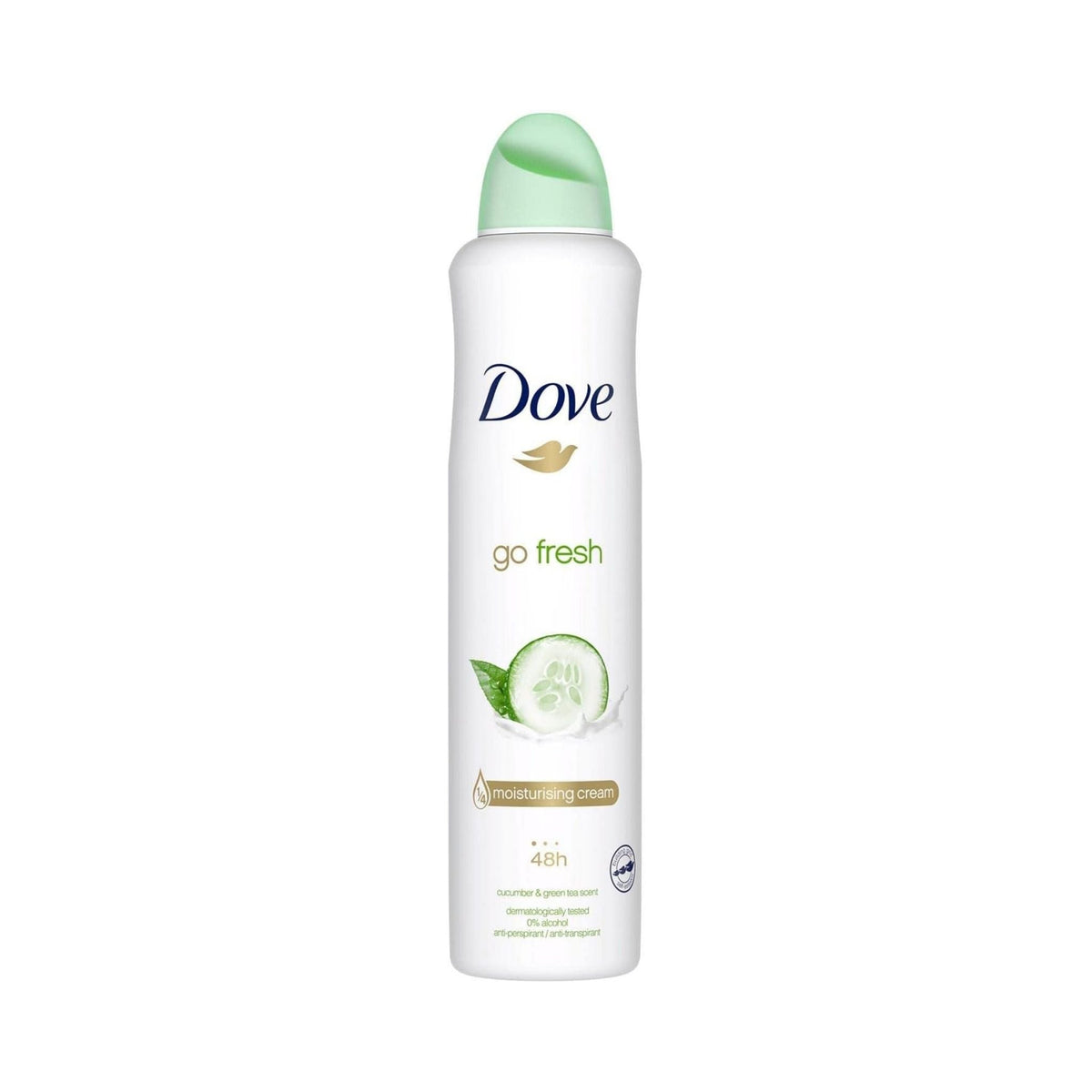 Refect Beauty Dove Go Fresh Cucumber and Green Tea antiperspirant deodorant spray can with a light green cap.