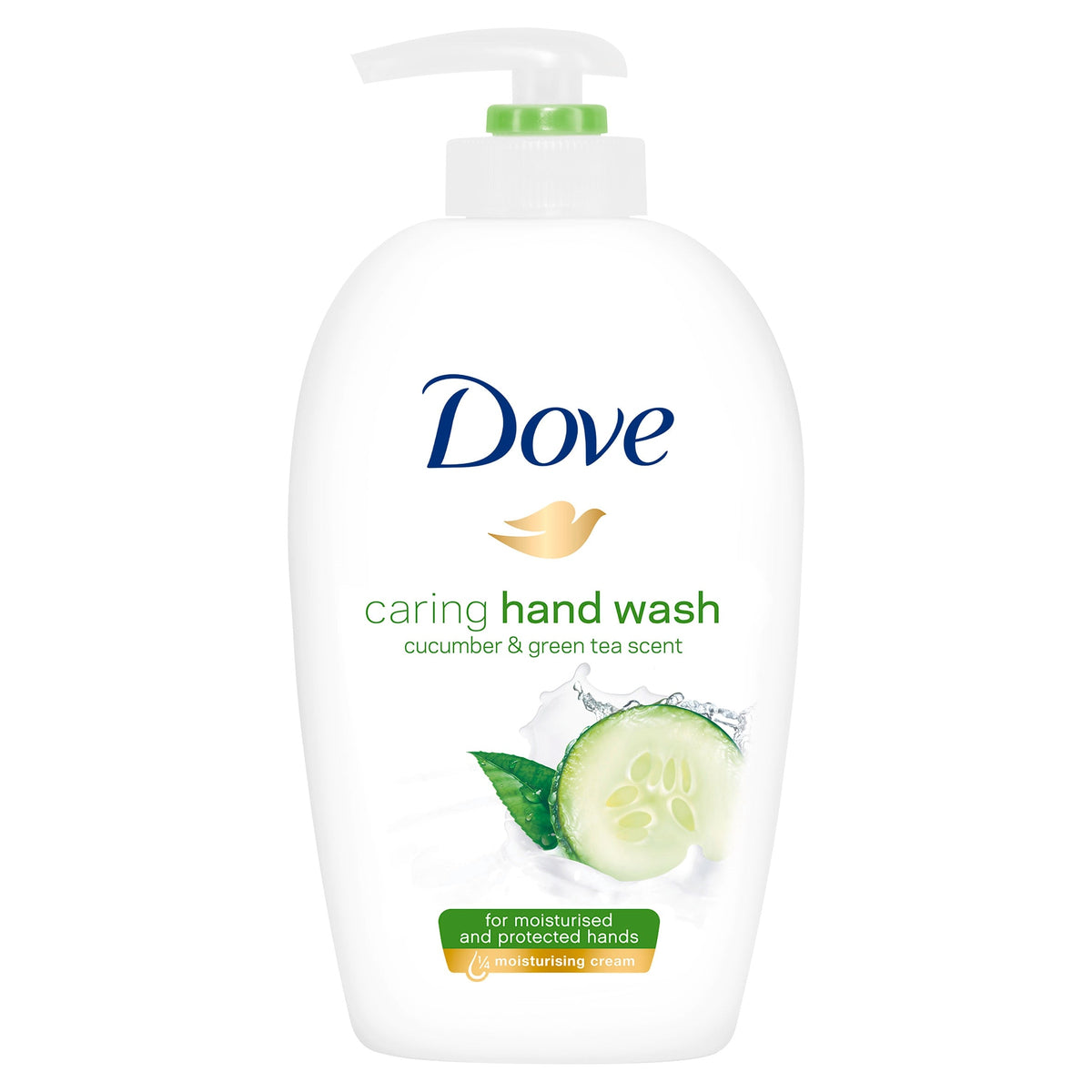 Refect Beauty Dove Caring Cucumber and Green Tea hand wash in a white pump bottle with moisturizing cream formula.