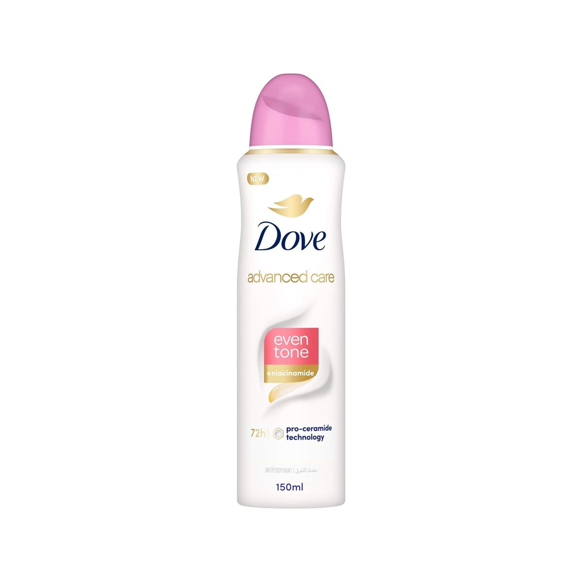 Refect Beauty Dove Even Skin Tone antiperspirant spray with Vitamin B3 in a white bottle with a pink cap.