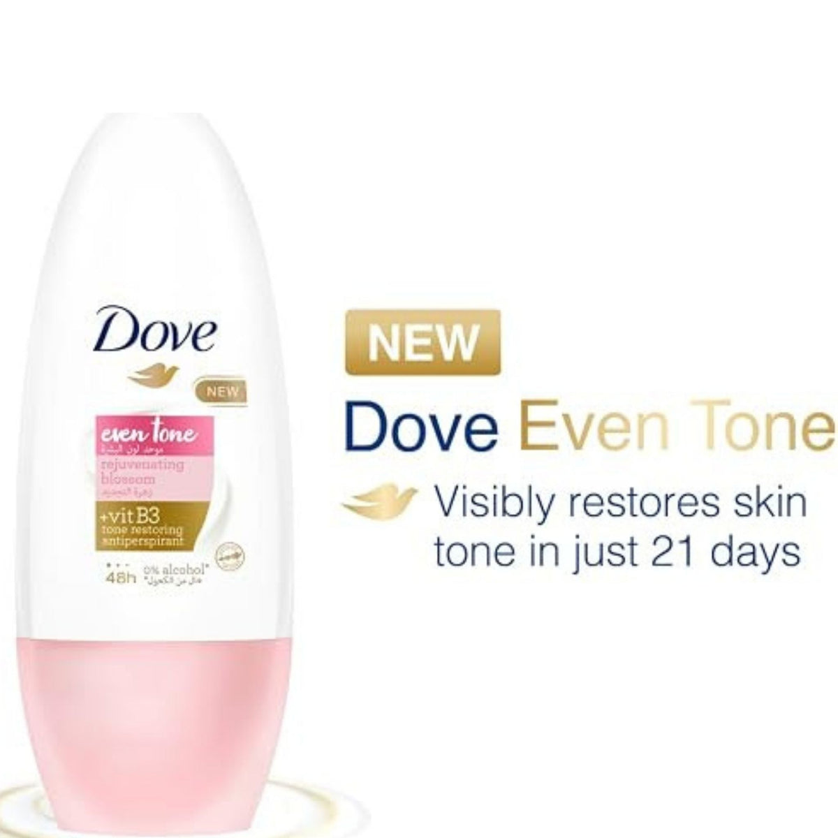 Refect Beauty Dove Even Tone Rejuvenating Blossom antiperspirant roll-on with Vitamin B3 for 48-hour protection.