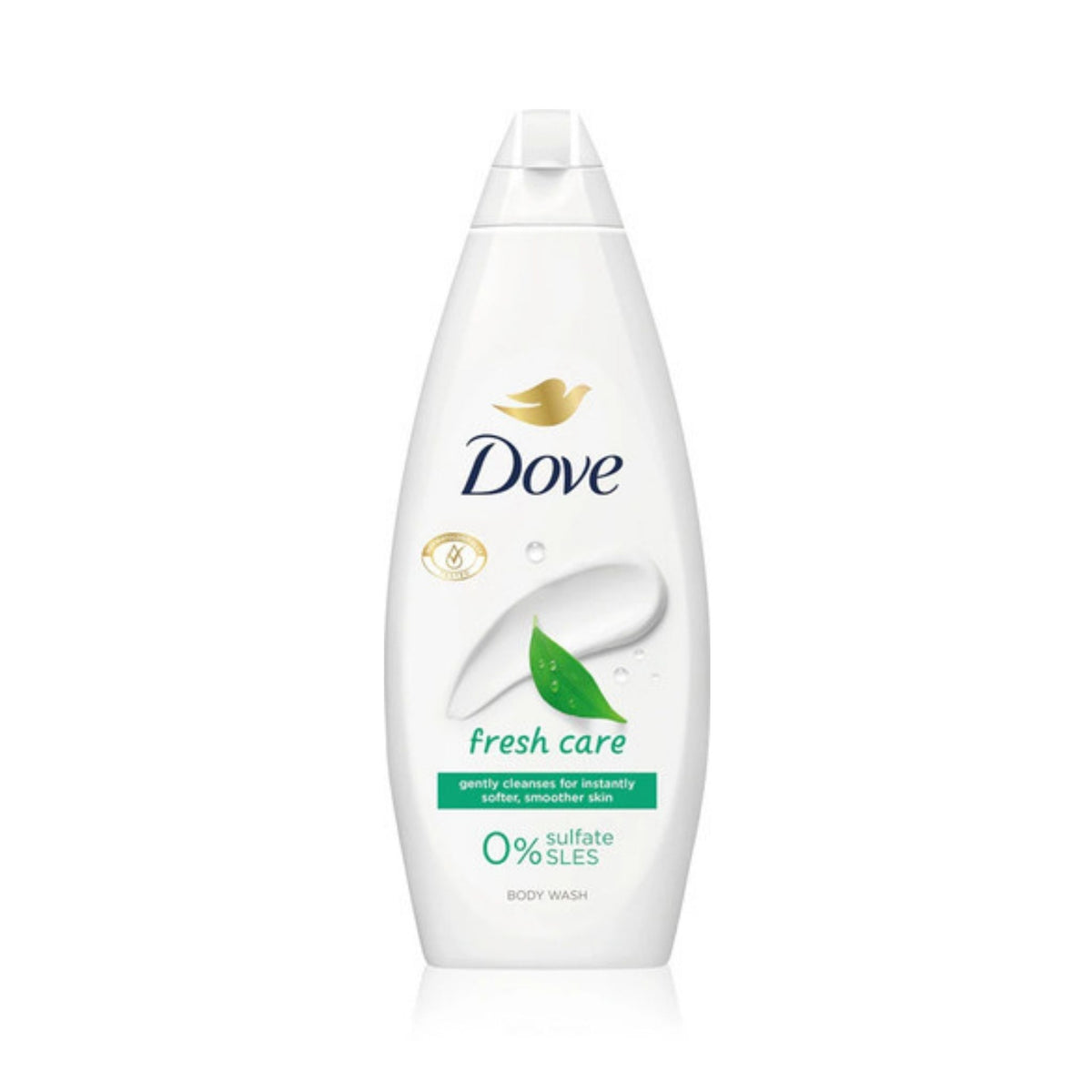 Refect Beauty Dove Fresh Care nourishing body wash in a white bottle with a green leaf graphic for soft skin
