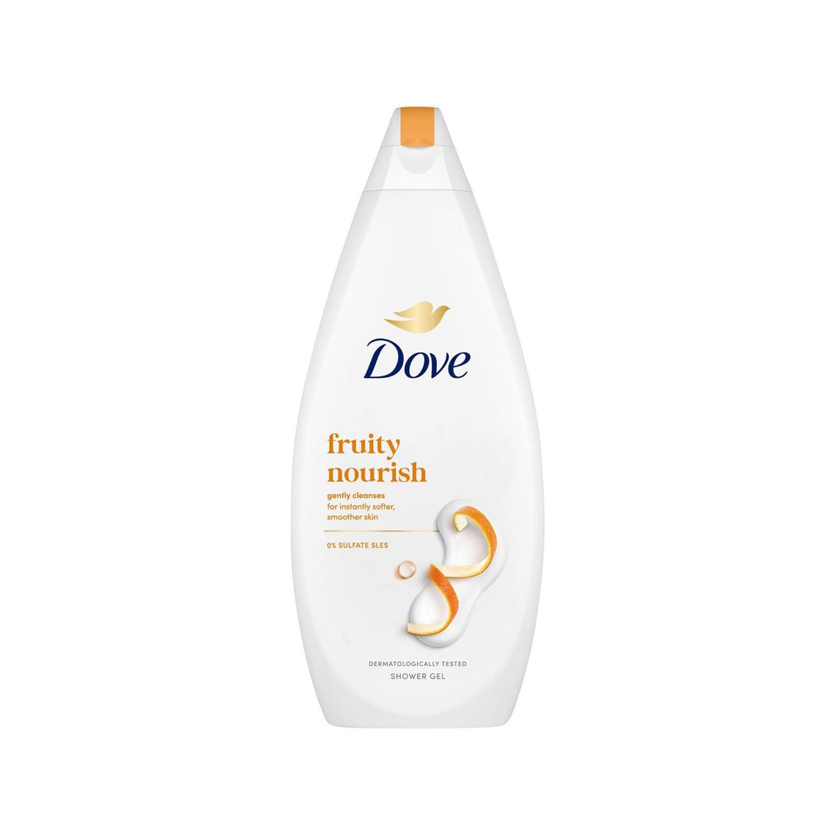 Refect Beauty Dove Fruity Nourish shower gel bottle with orange peel graphic for soft and smooth skin